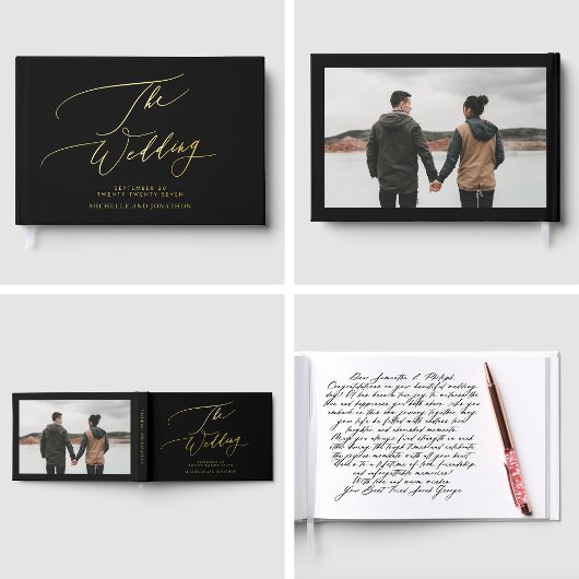 REAL GOLD | Black Modern Calligraphy Foto Wedding Gästebuch