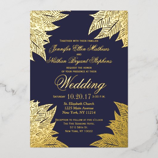 Real Gold Blätter Navy Blue Wedding Folieneinladung (Vorderseite)