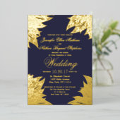 Real Gold Blätter Navy Blue Wedding Folieneinladung (Stehend vorne)