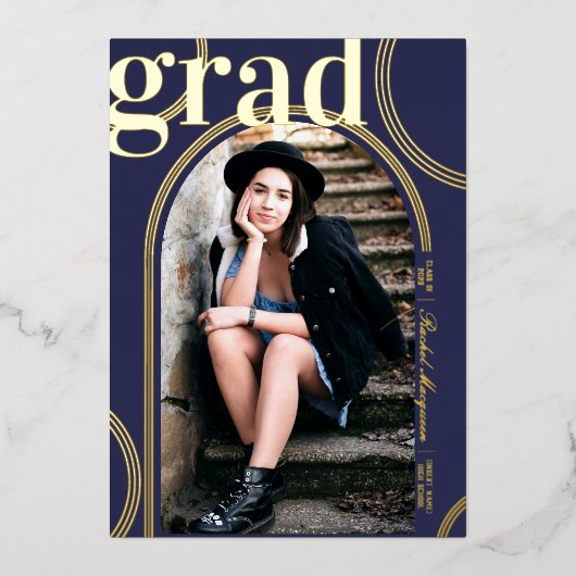 Real Gold Blue Circle Geometric Arch Abschluss Folieneinladung (Vorderseite)