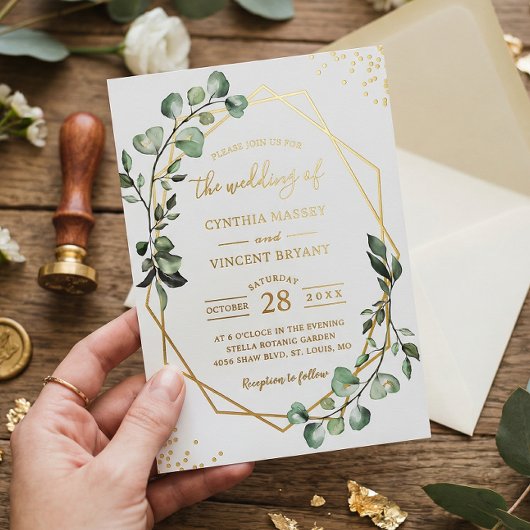 Real Gold Eucalyptus Blätter Geometric Wedding Folieneinladung