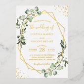 Real Gold Eucalyptus Blätter Geometric Wedding Folieneinladung (Vorderseite)