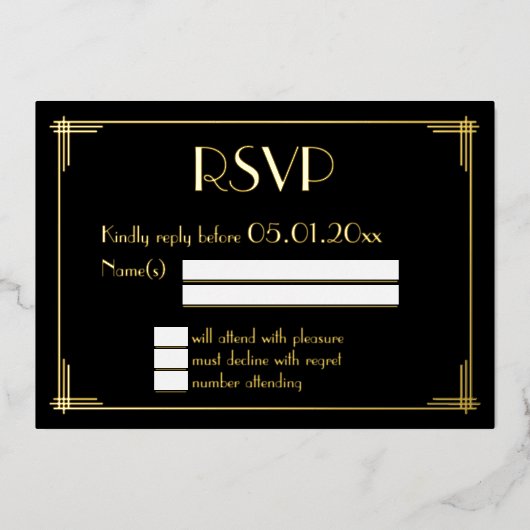 Real Gold Foil Art Deco Hochzeit RSVP Karten (Vorderseite)