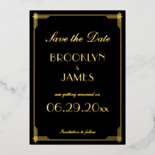 Real Gold Foil Art Deco Speichern Sie die Datumska Folieneinladung