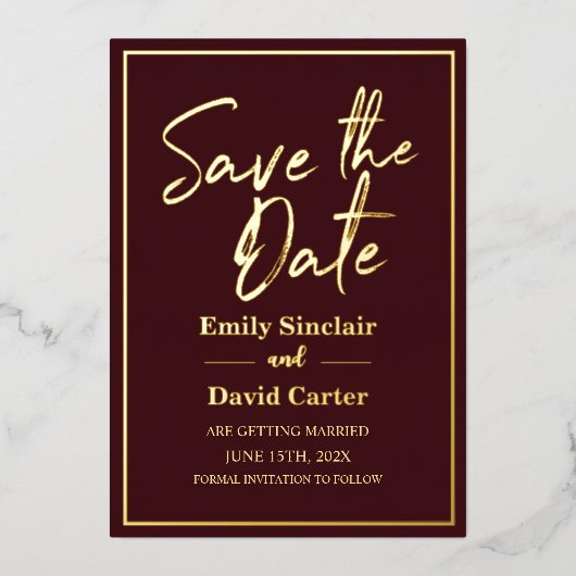 Real Gold Foil auf Marsala Save the Date Hochzeit Folieneinladung (Vorderseite)