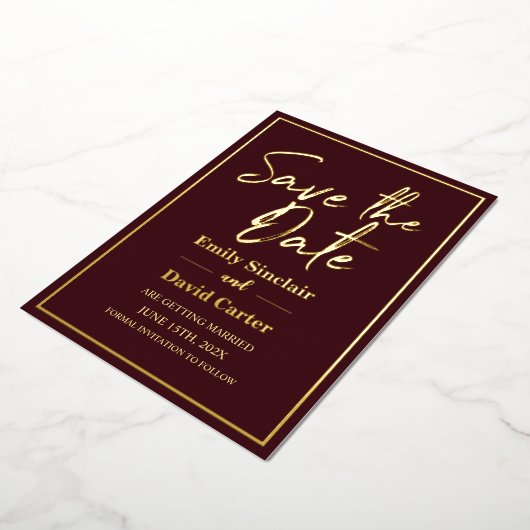 Real Gold Foil auf Marsala Save the Date Hochzeit Folieneinladung (Gedreht)
