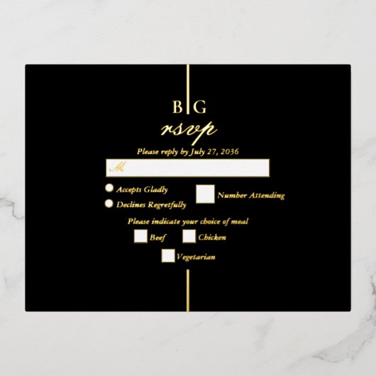 Real Gold Foil Black Monogram Wedding RSVP Folie Einladungspostkarte (Vorderseite)