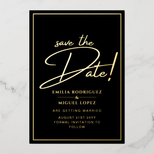 Real GOLD Foil Black Save the Date Hochzeit Folieneinladung (Vorderseite)