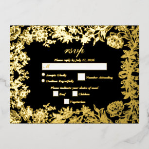 Real Gold Foil Bloral Botanical Black Wedding RSVP Folie Einladungspostkarte