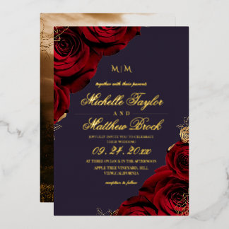 Real Gold Foil Burgundy Floral Photo Wedding  Folieneinladung