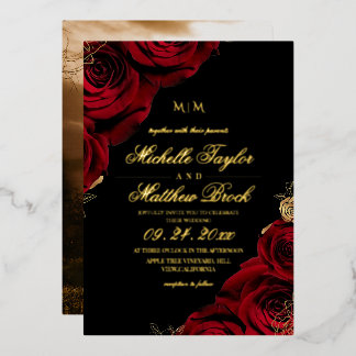 Real Gold Foil Burgundy Rose Photo Wedding  Folieneinladung