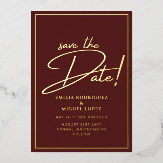 Real GOLD Foil Burgundy Save the Date Hochzeit Folieneinladung (Vorderseite)