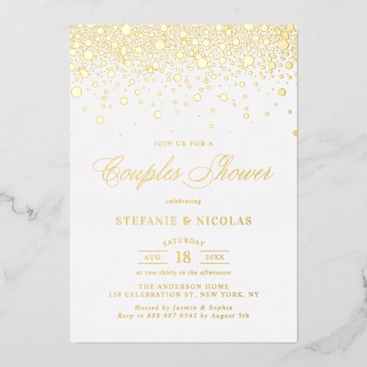 Real Gold Foil Confetti Dots Couples Dusche Folieneinladung (Vorderseite)