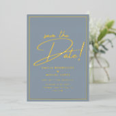 Real GOLD Foil Dusty Blue Save the Date Hochzeit Folieneinladung (Stehend vorne)