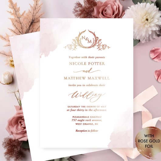 Real Gold Foil Elegante Dusty Rose Monogram Weddin Folieneinladung