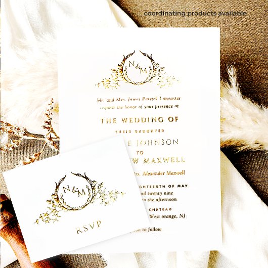 Real Gold Foil Elegante formale Monogramm Hochzeit Folieneinladung