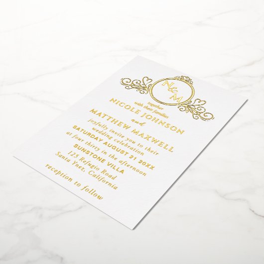 Real Gold Foil Elegante Liebe Monogram Wedding Folieneinladung (Gedreht)