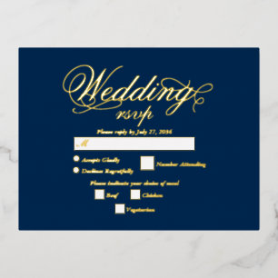 Real Gold Foil Elegante Luxury Blue Wedding RSVP Folie Einladungspostkarte