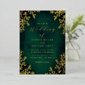 Real Gold Foil Emerald Floral Lace Script Hochzeit Folieneinladung (Stehend vorne)