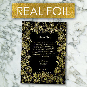 Real Gold Foil Floral Black Wedding Vielen Dank Folieneinladung
