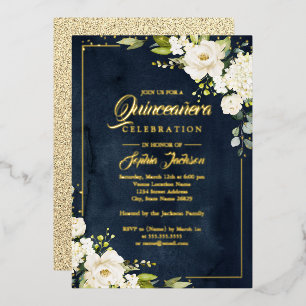 REAL GOLD FOIL Floral Navy Gold Quinceanera Folieneinladung