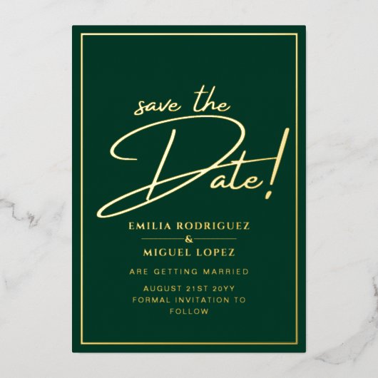 Real GOLD Foil Green Save the Date Hochzeit Folieneinladung (Vorderseite)