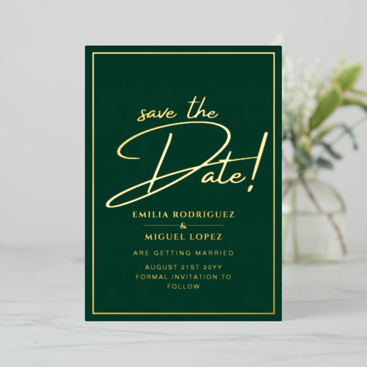Real GOLD Foil Green Save the Date Hochzeit Folieneinladung (Stehend vorne)