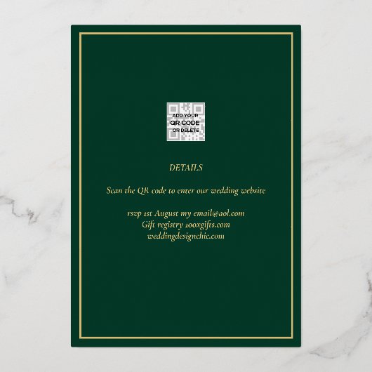 Real GOLD Foil Green Save the Date Hochzeit Folieneinladung (Rückseite)