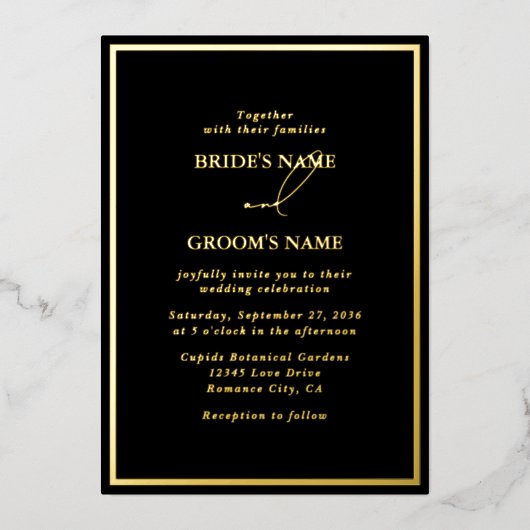 Real Gold Foil Moderne Black & Gold Hochzeit Folieneinladung (Vorderseite)