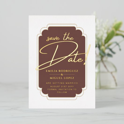 Real Gold Foil Moderne Hochzeit retten das Datum L Folieneinladung (Stehend vorne)