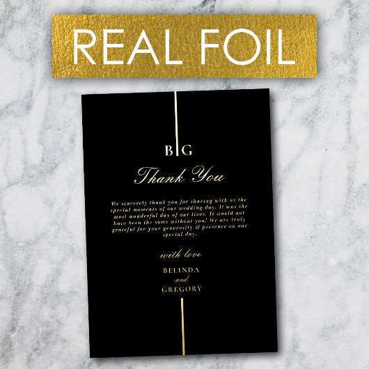 Real Gold Foil Monogram Black Wedding Vielen Dank Folieneinladung