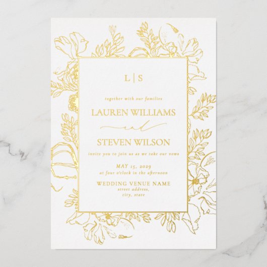Real Gold Foil Monogram Floral Line Hochzeit Folieneinladung (Vorderseite)
