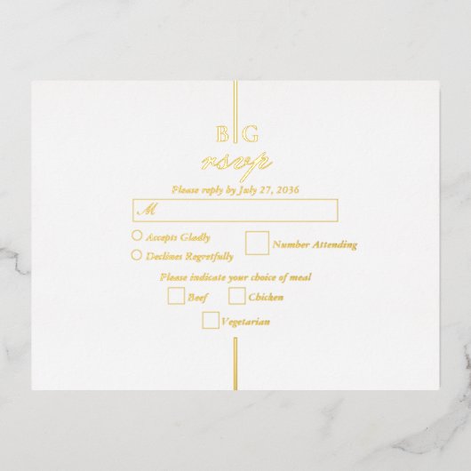 Real Gold Foil Monogram Wedding RSVP Folie Einladungspostkarte (Vorderseite)