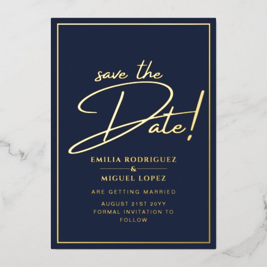 Real GOLD Foil Navy Blue Save the Date Hochzeit Folieneinladung (Vorderseite)