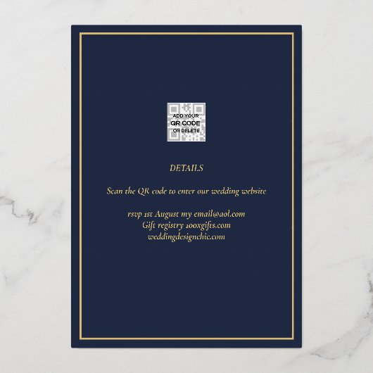 Real GOLD Foil Navy Blue Save the Date Hochzeit Folieneinladung (Rückseite)
