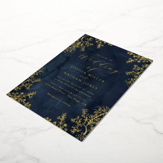 Real Gold Foil Navy Blumenwettbewerb Hochzeit Folieneinladung (Gedreht)