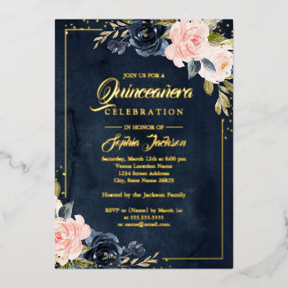 REAL GOLD FOIL Navy Blush Floral Quinceanera Folieneinladung