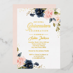 REAL GOLD FOIL Pink Navy Floral Quinceanera Folieneinladung
