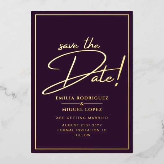 Real GOLD Foil Plum Lila Save the Date Hochzeit Folieneinladung (Vorderseite)