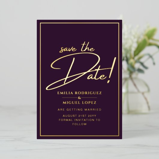 Real GOLD Foil Plum Lila Save the Date Hochzeit Folieneinladung (Stehend vorne)