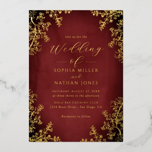Real Gold Foil Red Floral Lace Script Hochzeit Folieneinladung (Vorderseite)