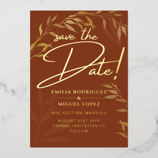 Real GOLD FOIL Terracotta Save the Date Hochzeit Folieneinladung (Vorderseite)