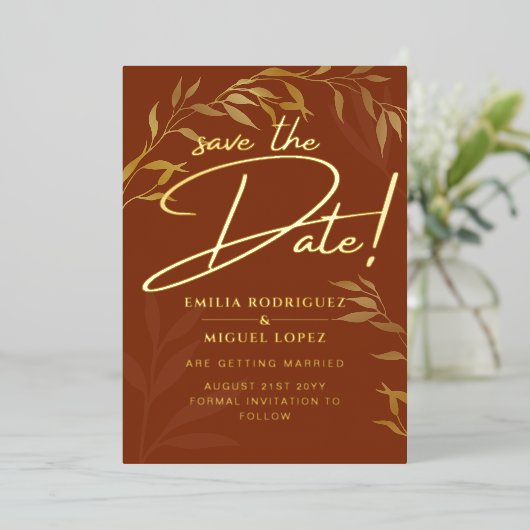 Real GOLD FOIL Terracotta Save the Date Hochzeit Folieneinladung (Stehend vorne)