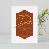 Real GOLD Foil Terracotta Save the Date Hochzeit Folieneinladung (Stehend vorne)