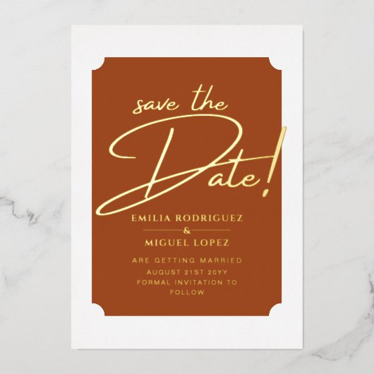 Real GOLD Foil Terracotta Save the Date Hochzeit Folieneinladung (Vorderseite)