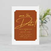 Real GOLD Foil Terracotta Save the Date Hochzeit Folieneinladung (Stehend vorne)
