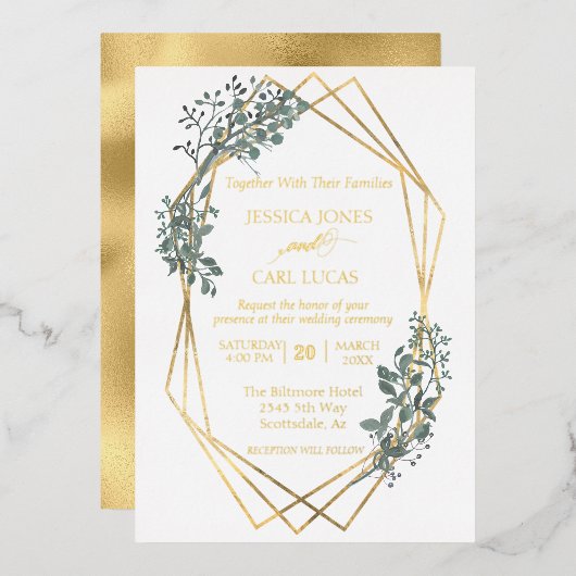 Real Gold Foil Wedding Foliage Blätter Frame Folieneinladung (Vorderseite/Rückseite)
