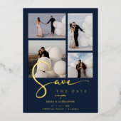 Real Gold Modern Collage in Navy Blue Fancy Script Folieneinladung (Vorderseite)