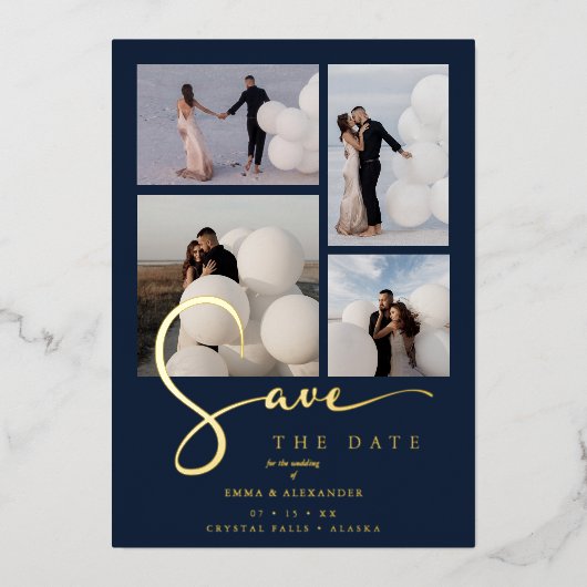 Real Gold Modern Collage in Navy Blue Fancy Script Folieneinladung (Vorderseite)