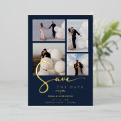 Real Gold Modern Collage in Navy Blue Fancy Script Folieneinladung (Stehend vorne)